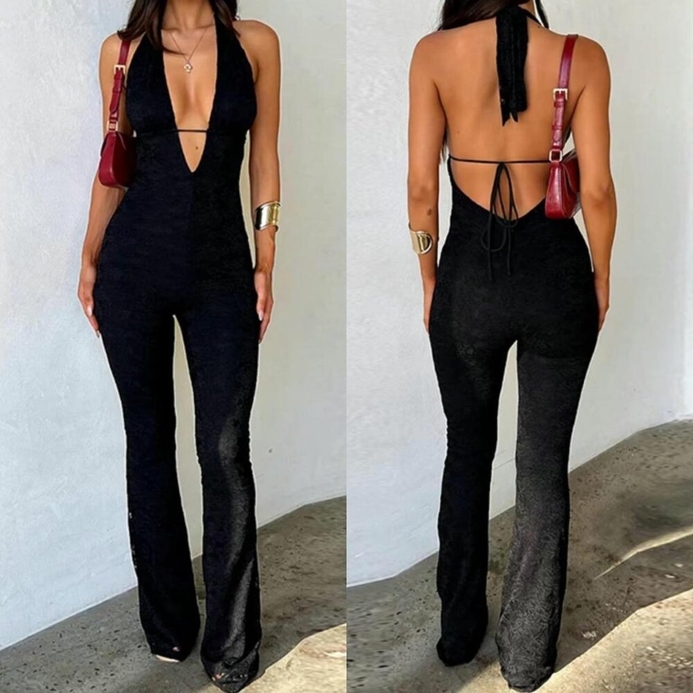 Lace halter plunge-neck Jumpsuit